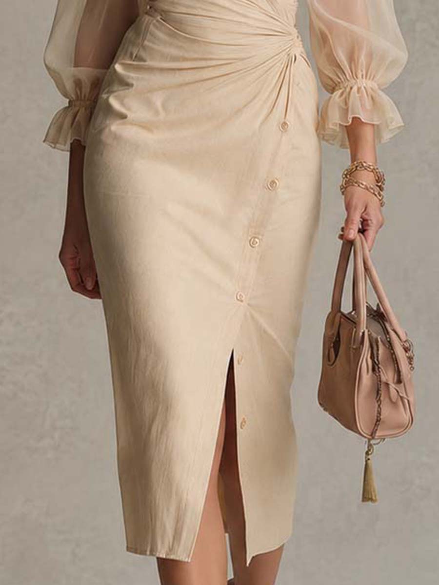 Cotton-linen Sheer Puff Sleeve Wrap Ruched Button Slit Midi Shirt Dress