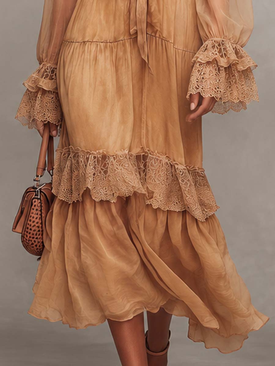 Boho Lace V Neck Tie Waist Tiered Chiffon Bell Sleeve Midi Dress