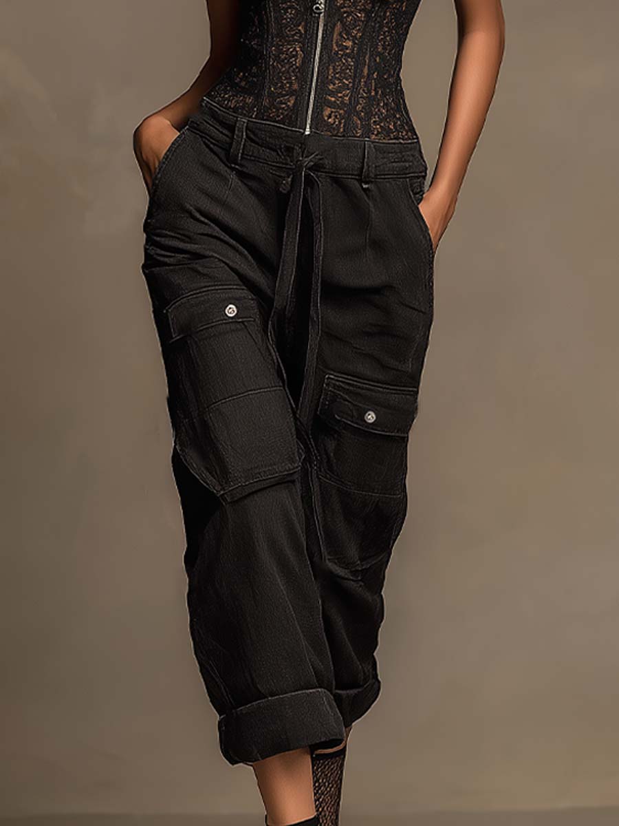 Refined Casual Pure Cotton Zip Lace Corset Jumpsuit