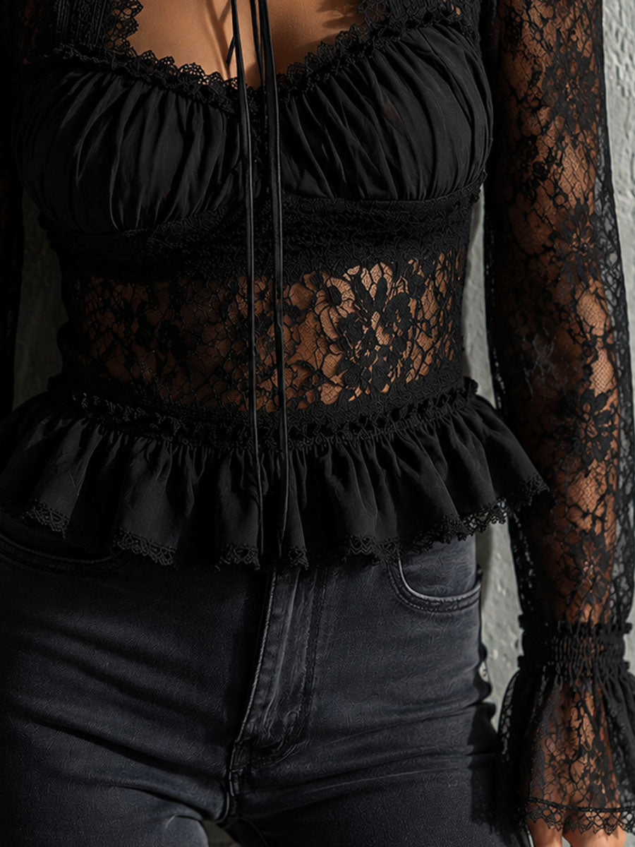 Retro Romantic Lace Tie Neck Flare Cuff Blouse