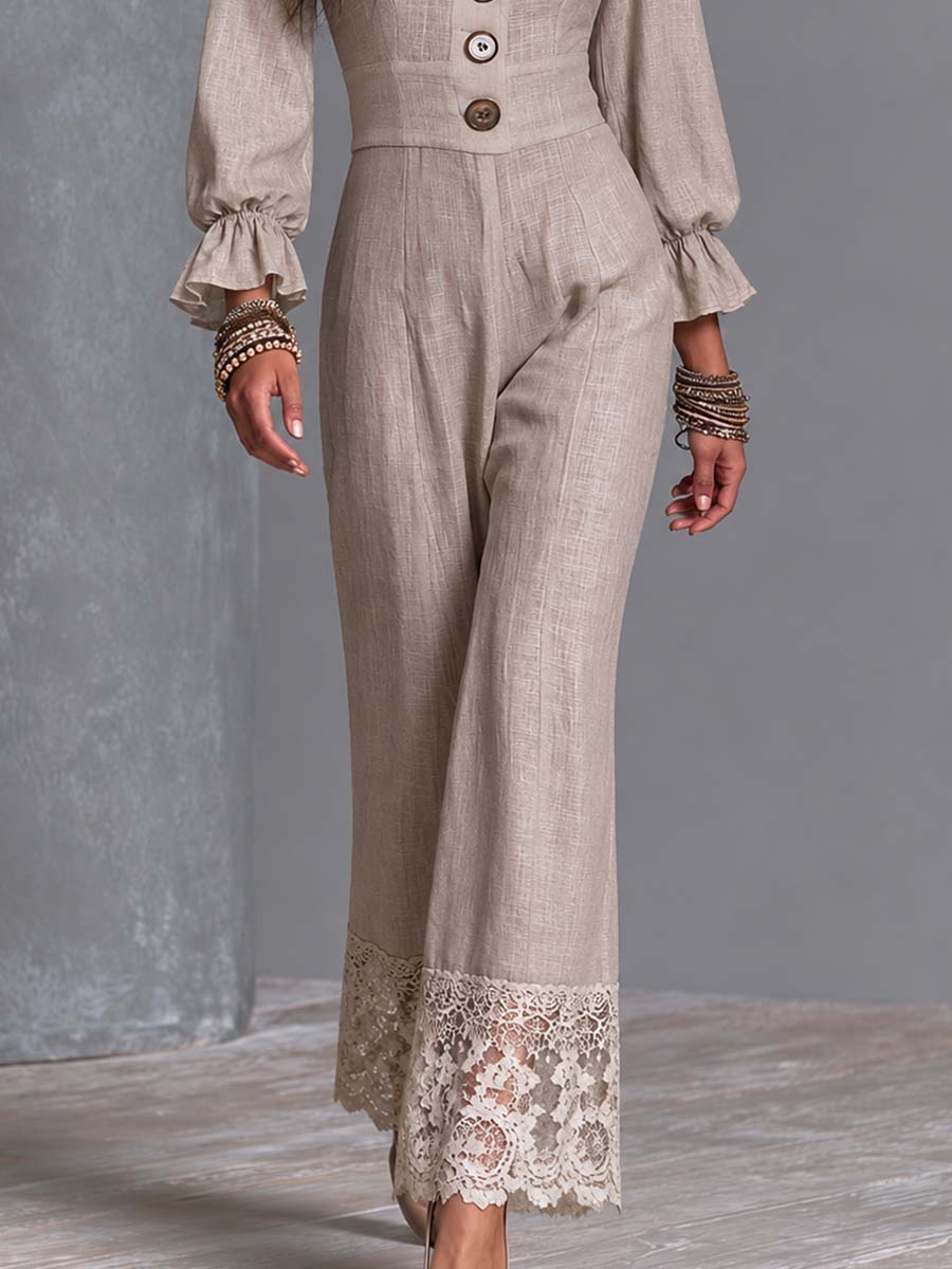 Boho Linen Deep V Button-Front Lace-Hem Wide-Leg Jumpsuit