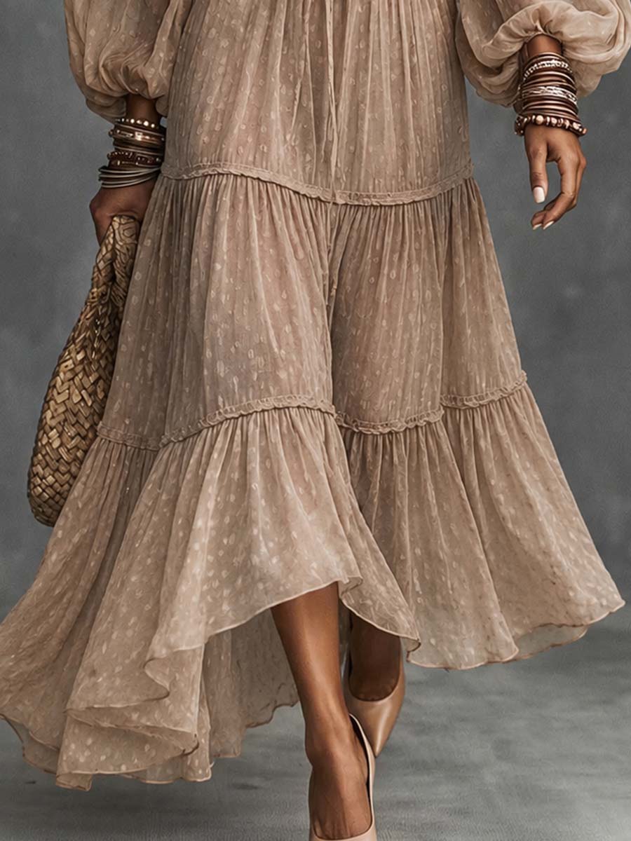 Boho Tiered Ruffle Deep V Balloon Sleeve Maxi Dress