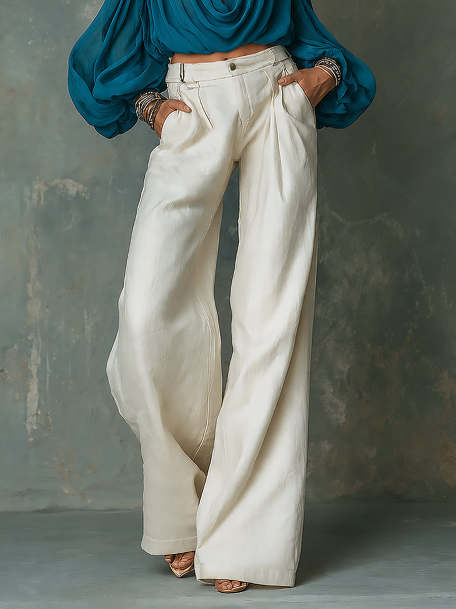 Boho-style Draped-neck Chiffon Blouse & Cotton-linen Wide-leg Pants Set