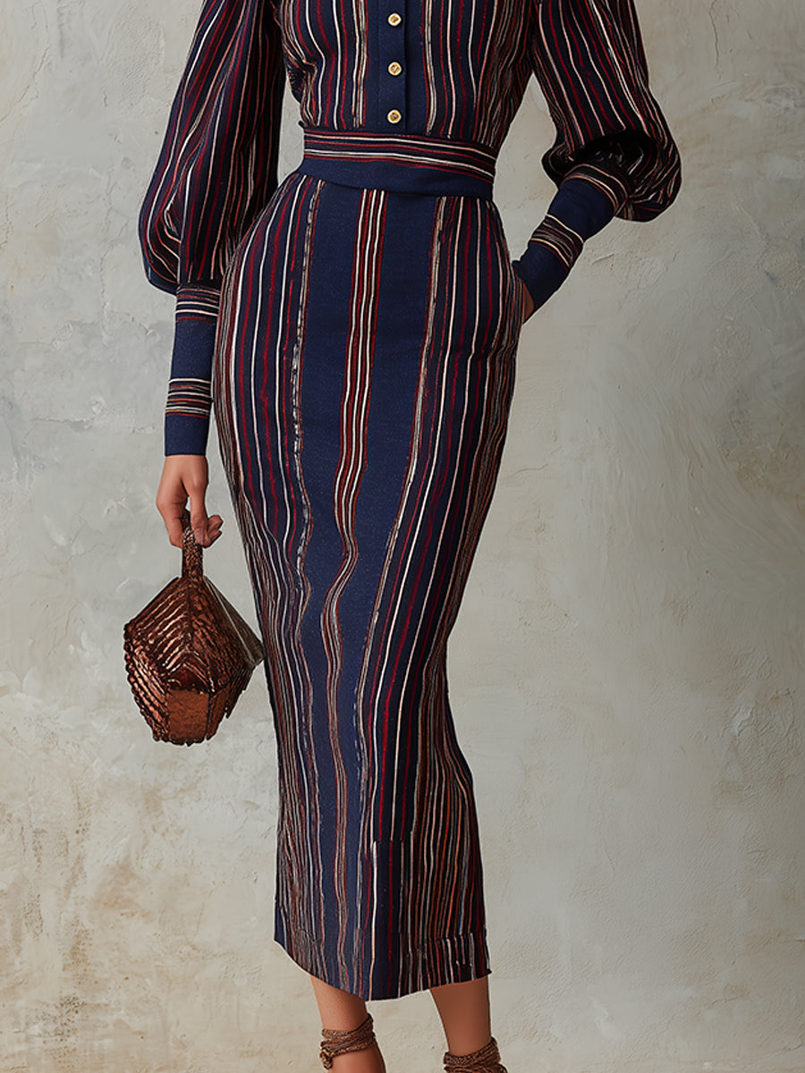 Retro Striped Print Lantern-sleeve Fitted Midi Dress