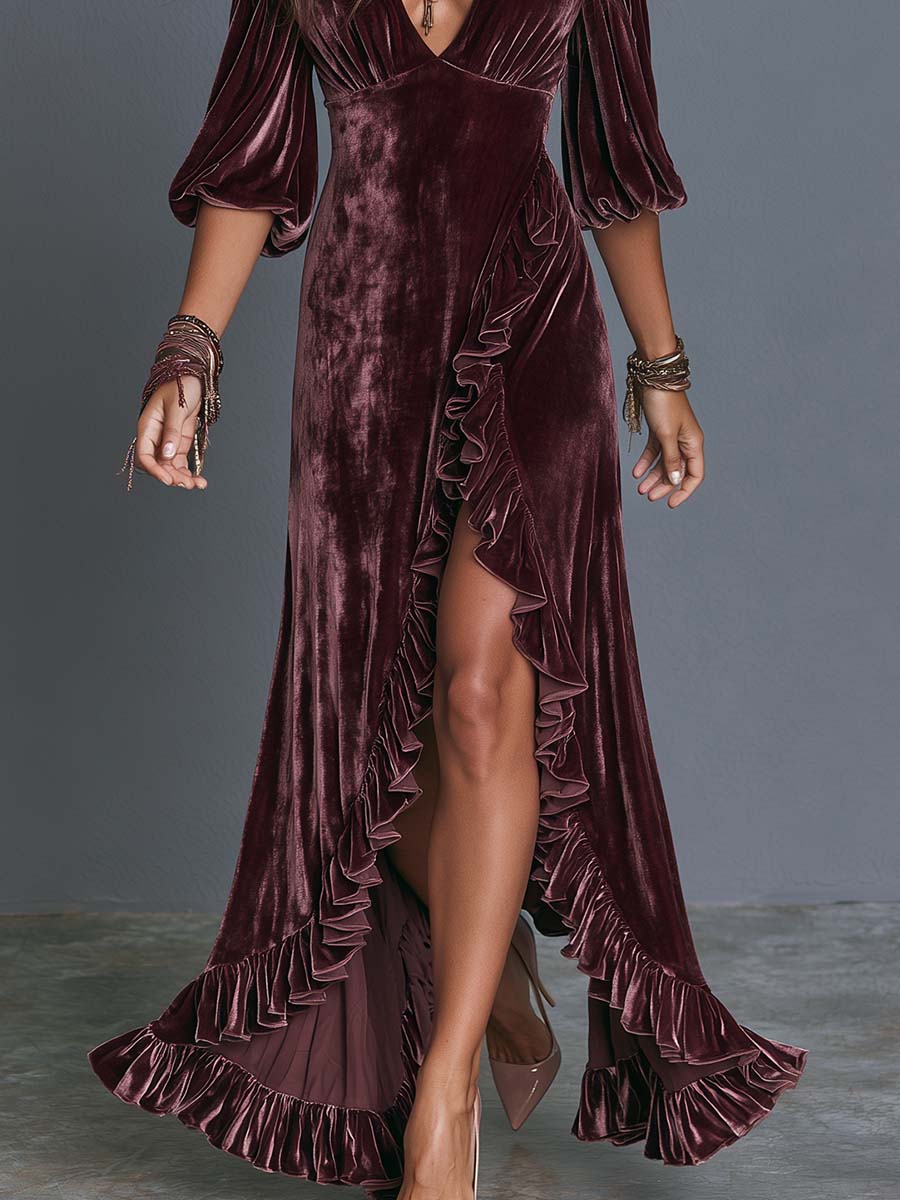 Boho Velvet Deep V Cold Shoulder Ruffle High-Slit Maxi Dress