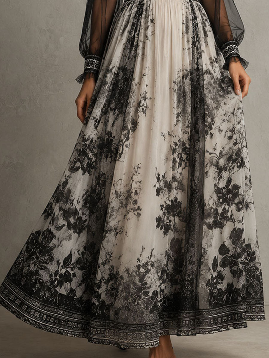 Retro Ink Floral Print Sheer Sleeve High Neck Pleated Maxi Dress