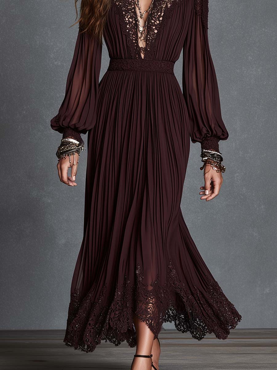 Boho Lace-Trim Deep V Pleated Bishop Sleeve Midi Dress