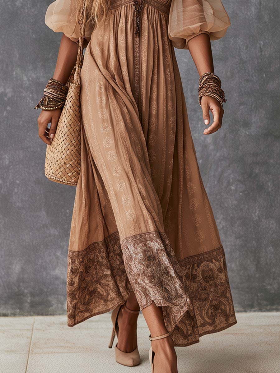 Boho Deep V Bishop Sleeve Border Print Maxi Dress