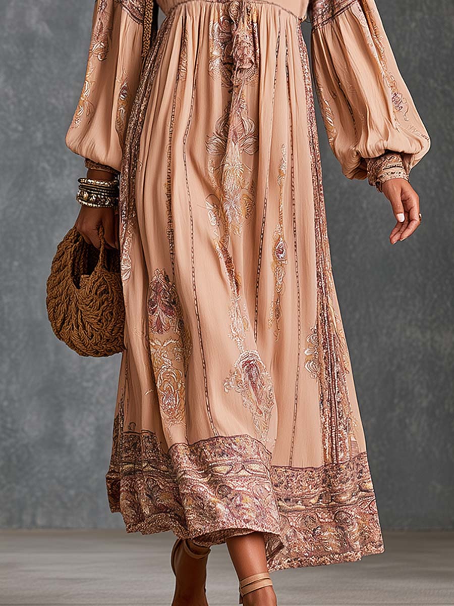 Boho Paisley Border Print Tie-Neck Bishop Sleeve Midi Dress