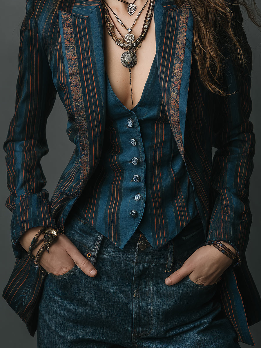 Quiet Luxury Striped Floral Print Slim-fit Lapel Blazer