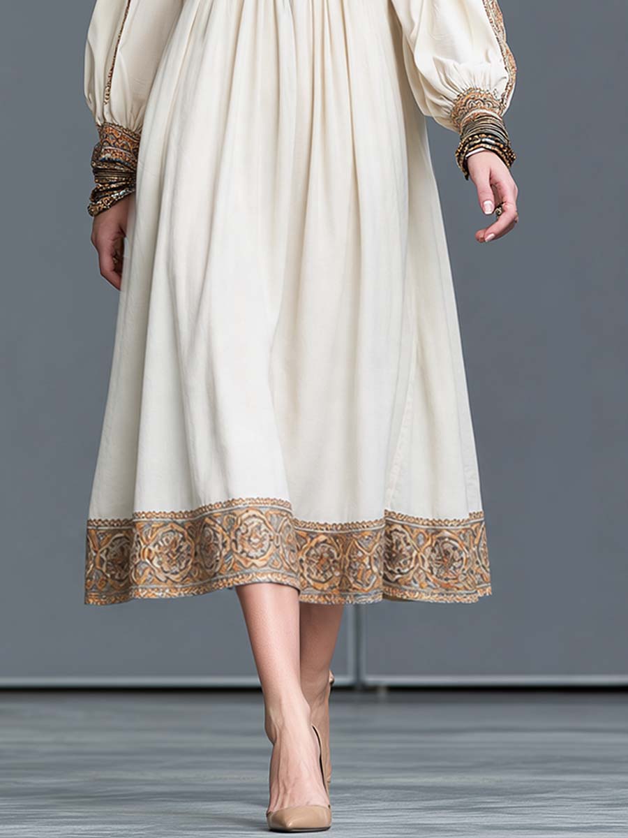 Boho Split Neck Bishop Sleeve Midi Dress