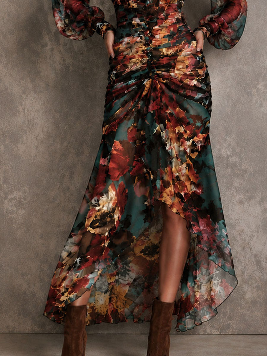 Vintage Floral Chiffon Keyhole Neck Ruched High Low Midi Dress
