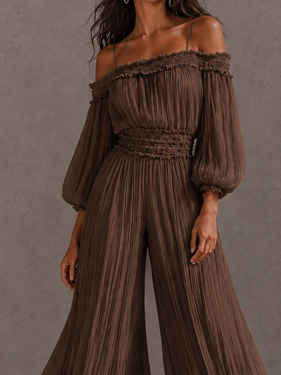 Boho Brown Crinkle Off Shoulder Ruffle Smocked Waist Wide Leg Jumpsuit