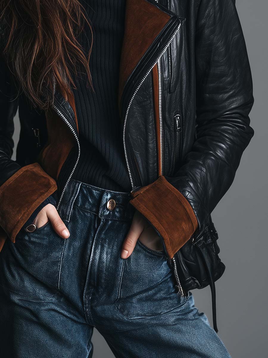 Retro Contrast Trim Faux Leather Motorcycle Jacket