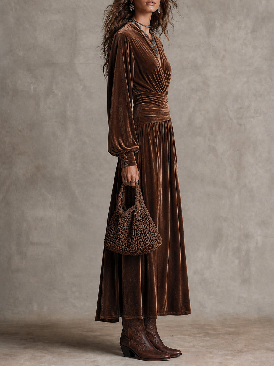 Boho Velvet V-Neck Wrap Waist Long Sleeve Maxi Dress
