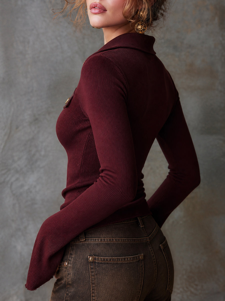 Boho Flared Cuffs Knit Sweater With Chest Pockets
