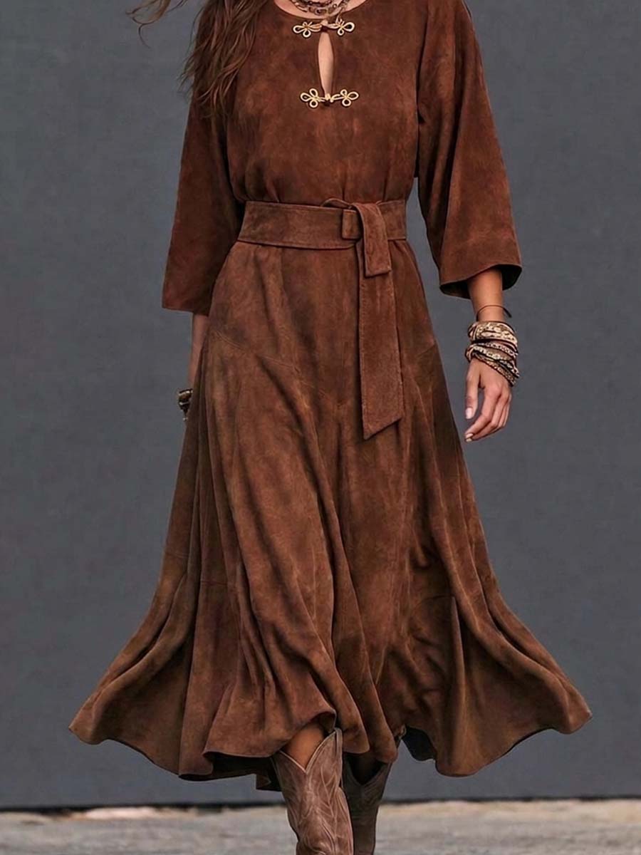 Boho Brown Zip-Front Belted Maxi Dress