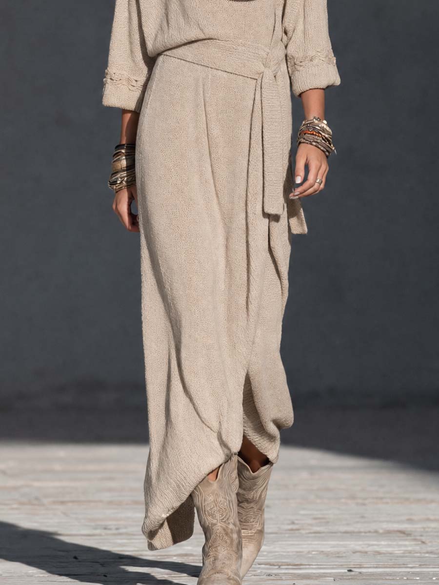 Boho Oatmeal Cowl Neck Tie-Waist Maxi Dress