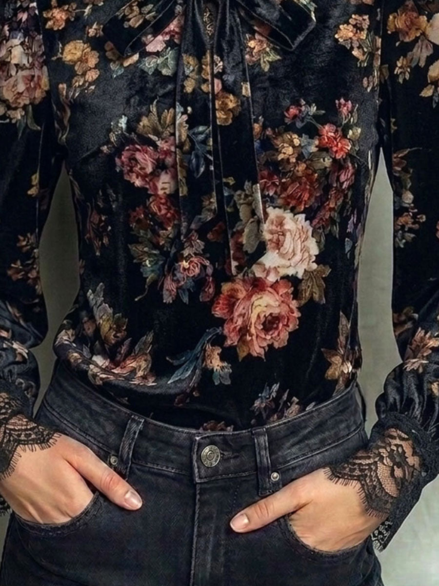 Retro Floral Velvet Bow Neck Lace Cuff Long Sleeve Blouse