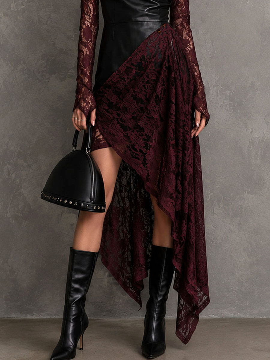 Gothic Faux Leather Lace Long Sleeve Irregular Hem Midi Dress