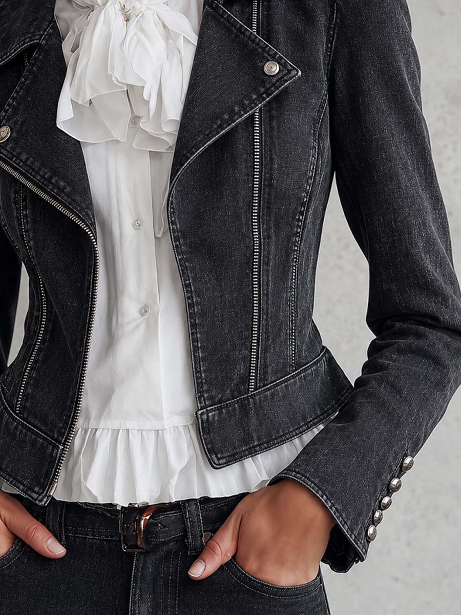 Retro Motorcycle Style Lapel And Asymmetric Zipper Denim Jacket