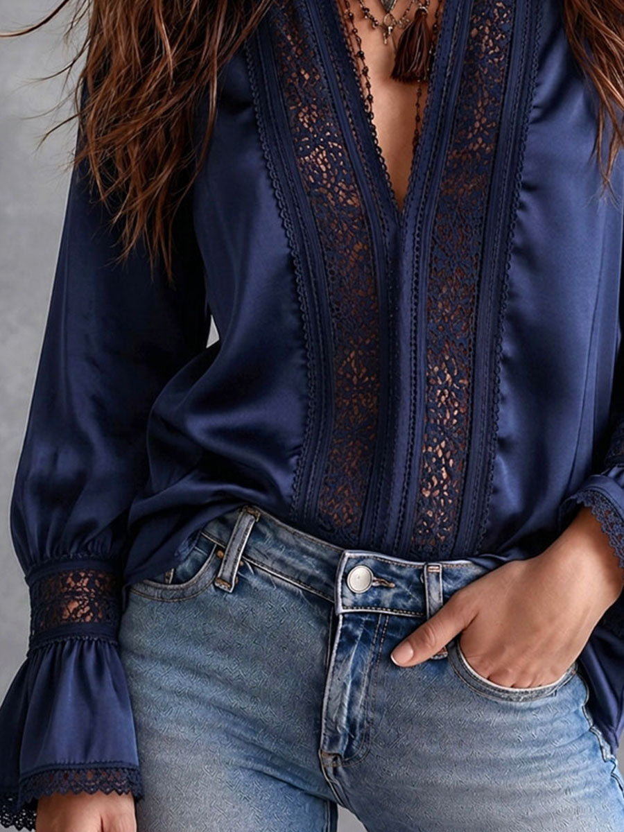 Boho Navy Satin Lace Trim Flare Long Sleeve Blouse