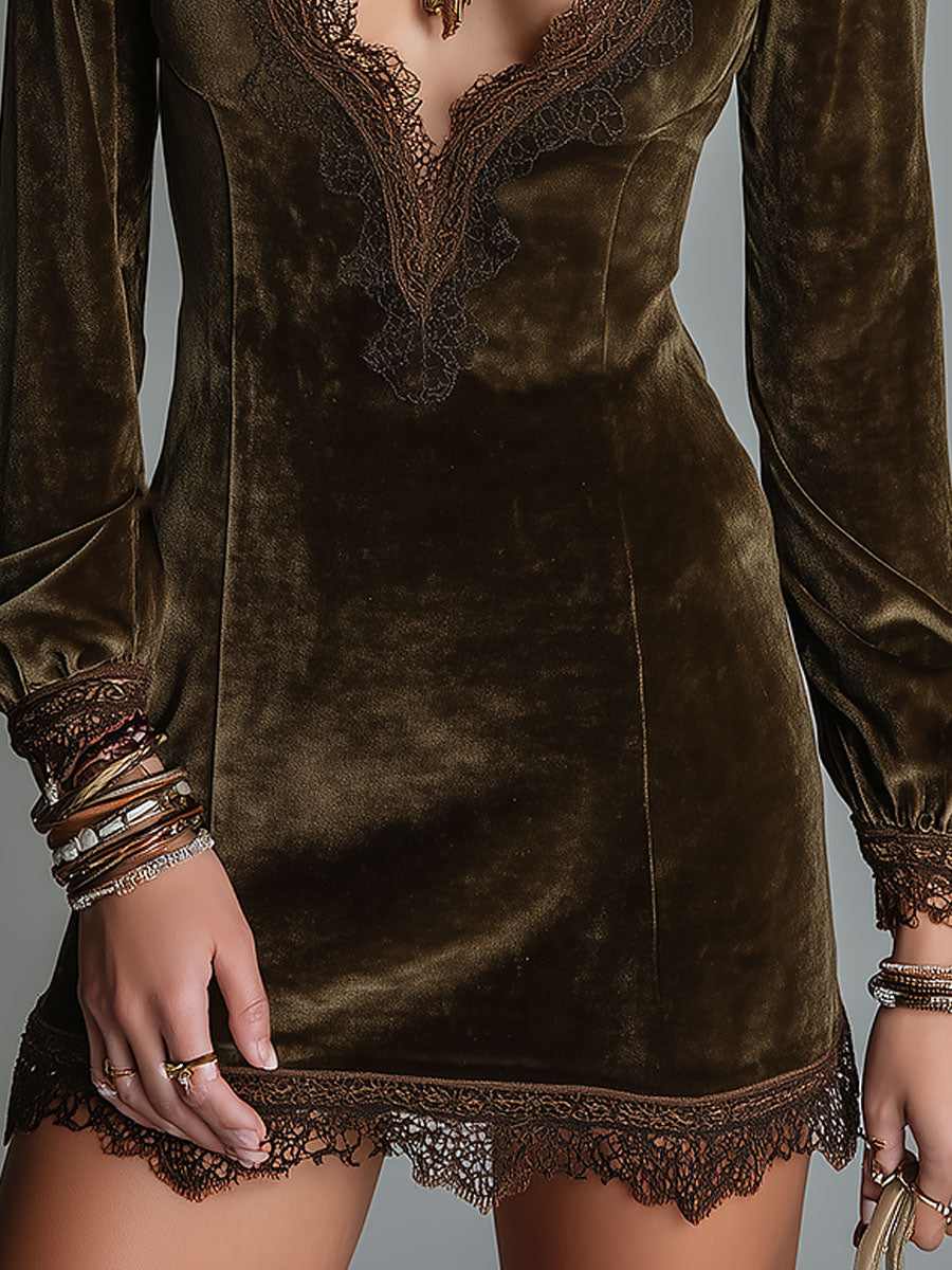 Retro Keyhole Neckline Velvet Mini Dress With Lace Trim