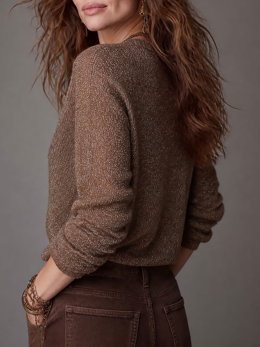 Boho Wrap V-Neck Metallic Knit Sweater