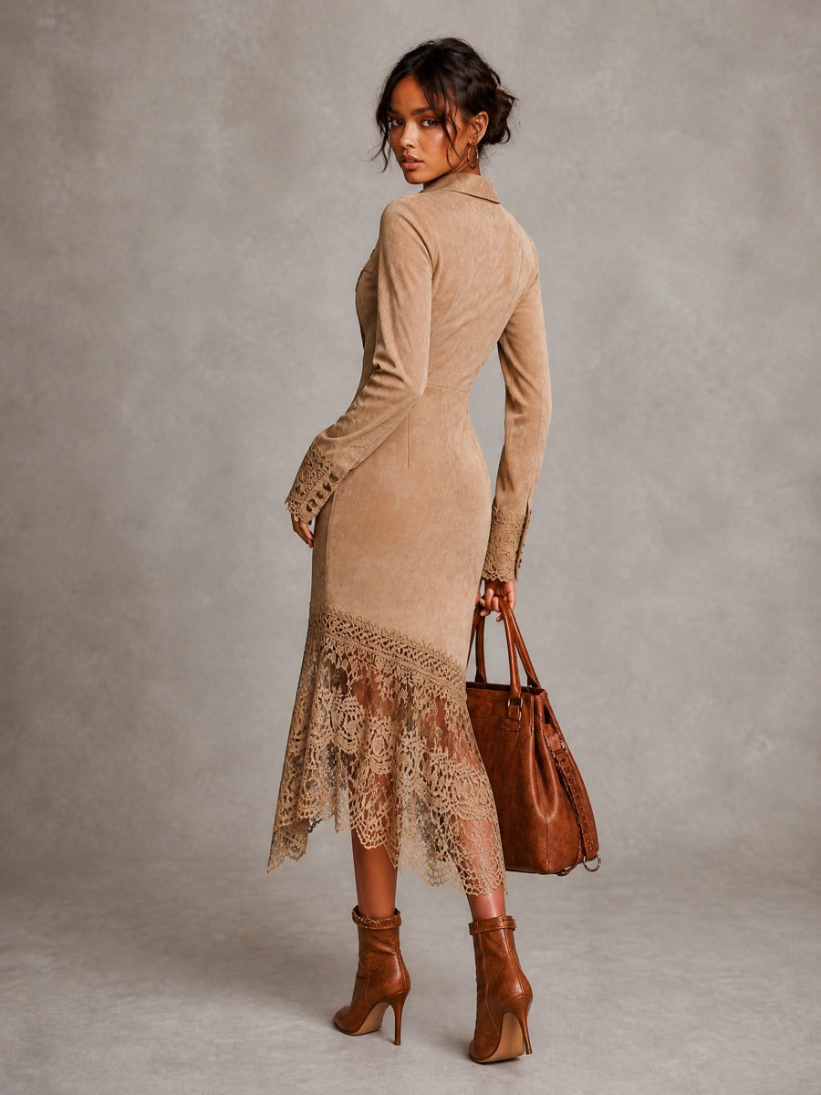 Vintage Suede Lace-Trim Long Sleeve Midi Dress with Button Front