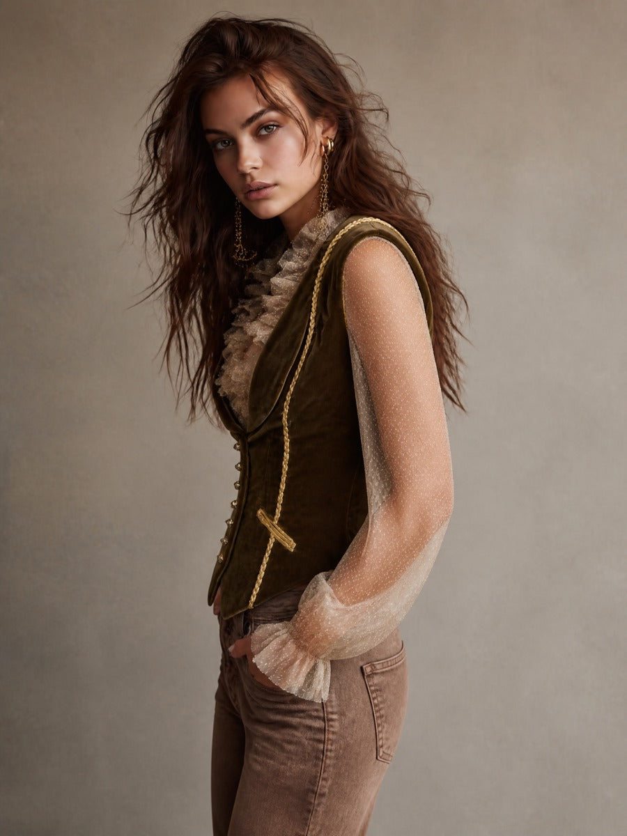Vintage Olive Green Velvet Fitted Vest With Gold Trim