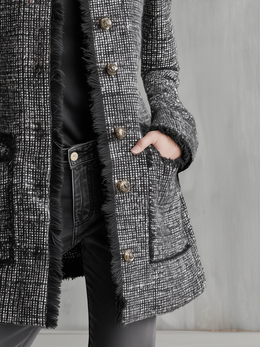 Refined Black Tweed Fringe-Trim Coat