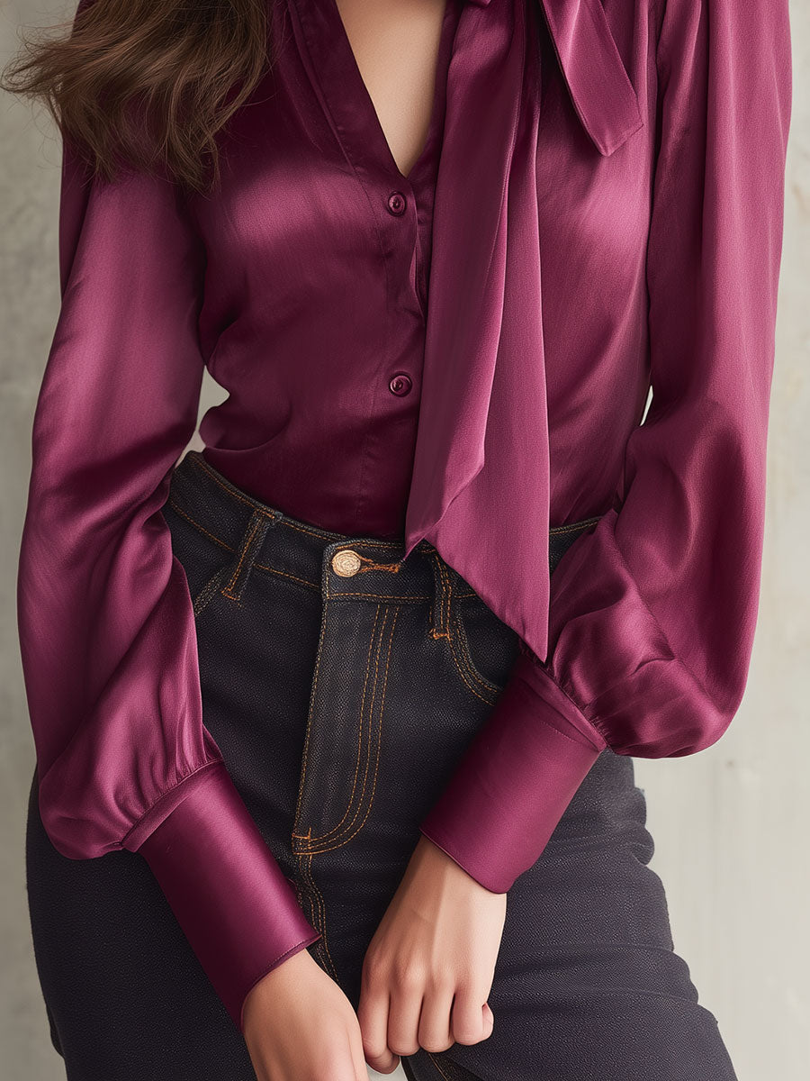 Elegant Raspberry Color Button Detail Tencel Blouse With Detachable Bow Tie