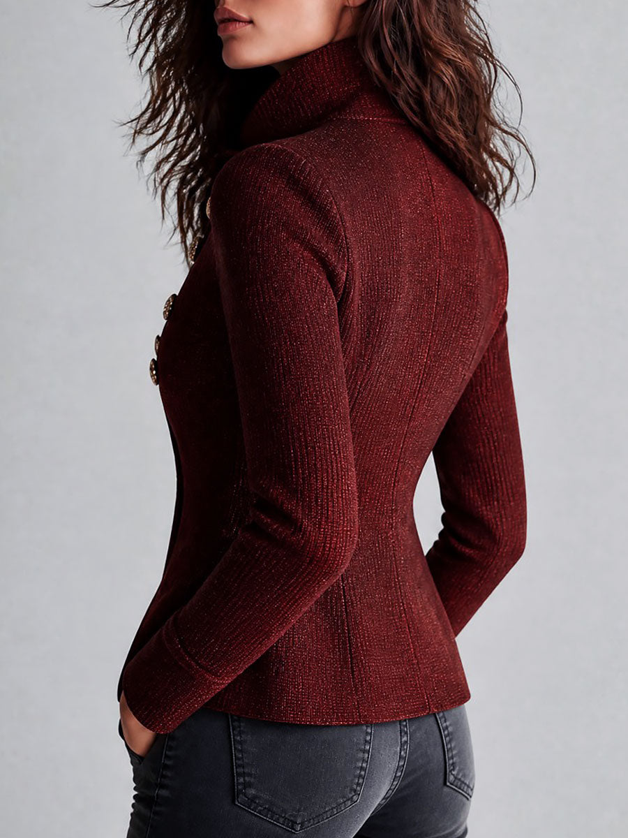 Retro Ribbed Knit Double-Breasted Military Cardigan With Gold Buttons