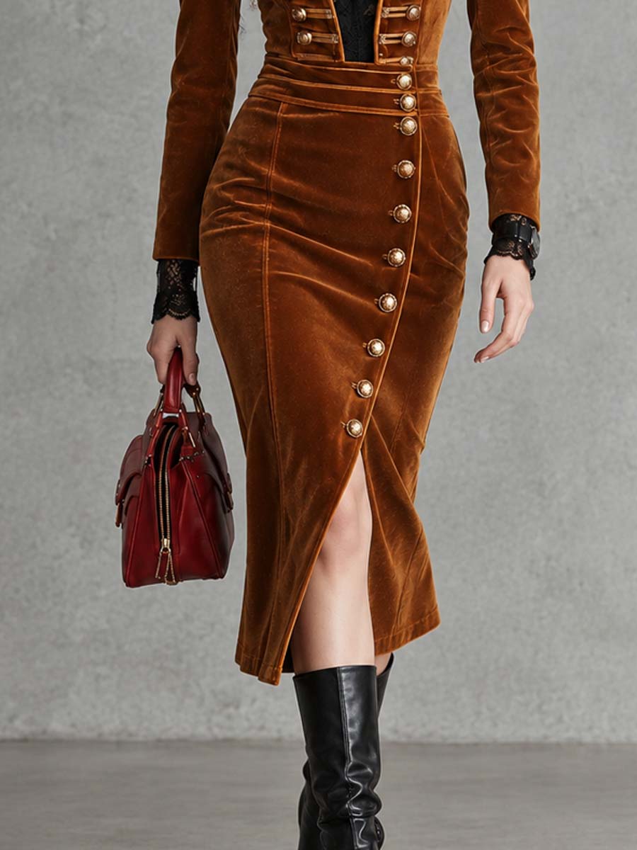 Military-style Lace-panel Polyester Velvet Midi Dress
