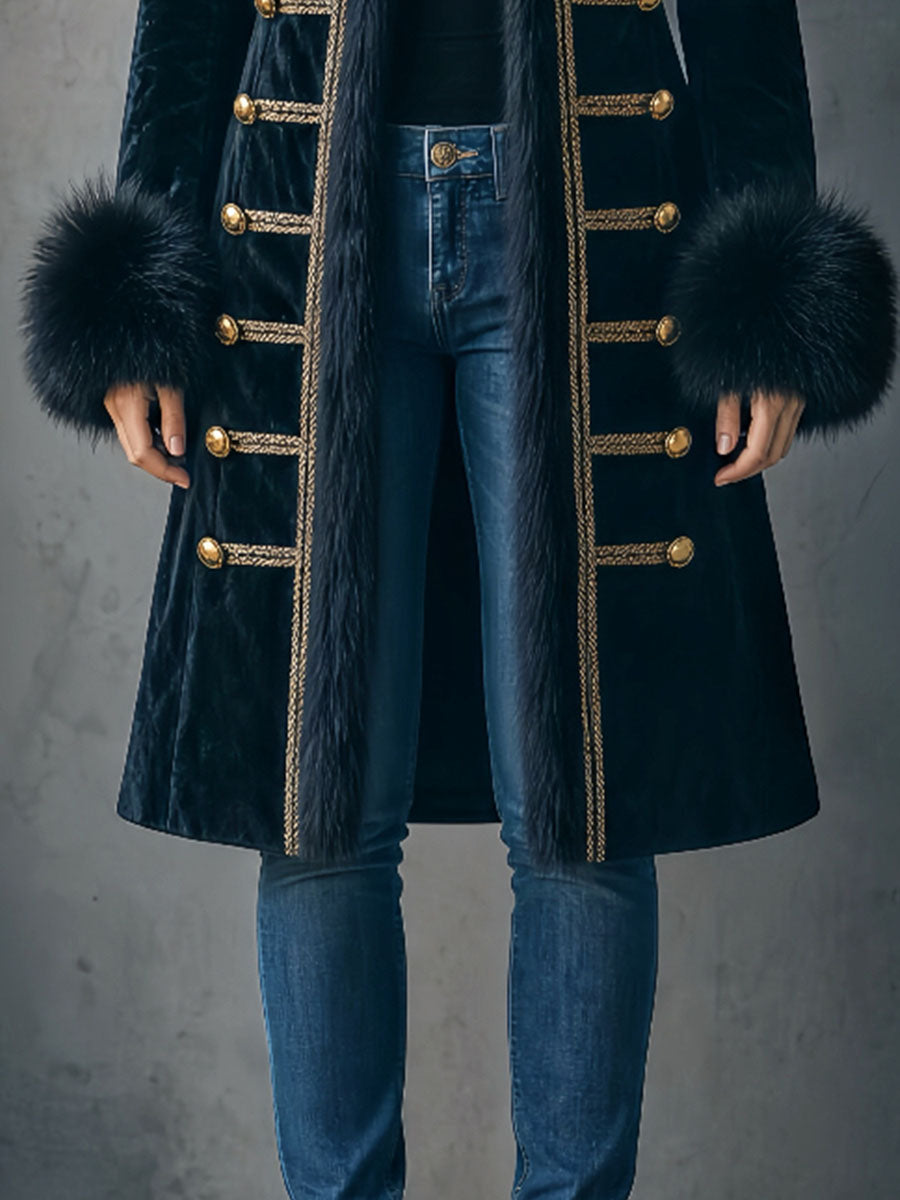 Retro Faux Fur Trim Double-Breasted Velvet Long Peacoat