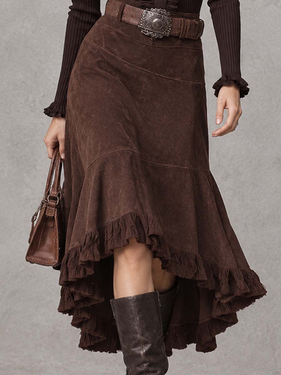 Ribbed Ruffled Neck Top And Suede Skirt Two-piece Set