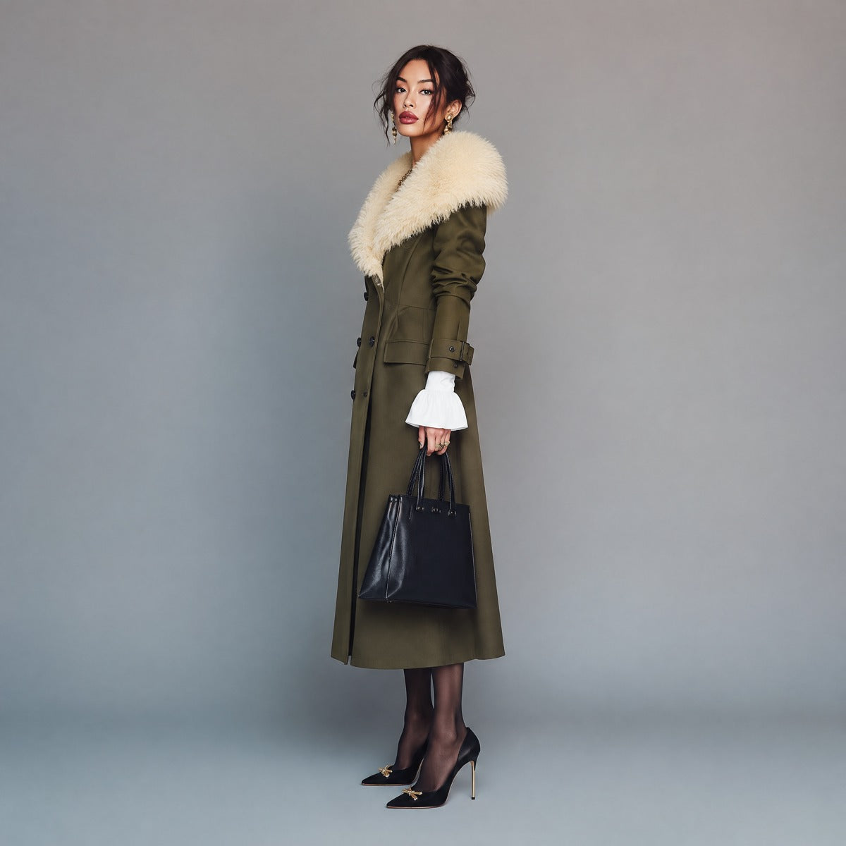 Vintage Olive Green Trench Coat With Detachable Fur Collar