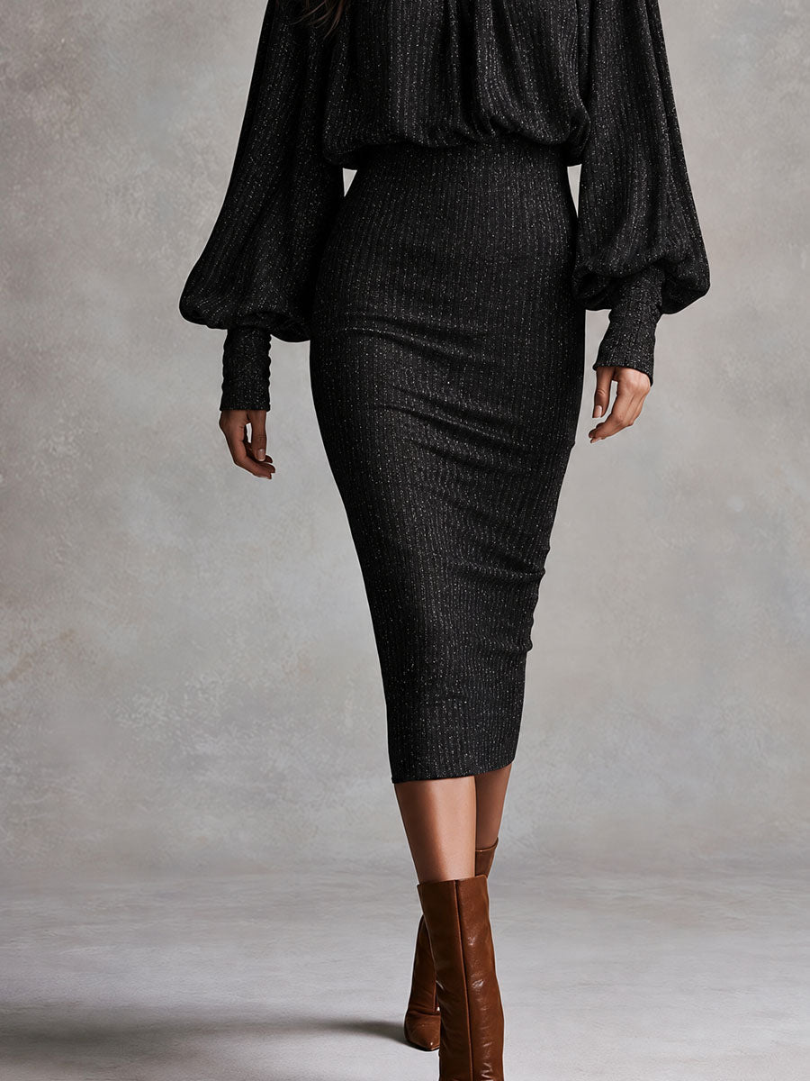 Black Mock Neck Bishop Sleeve Glitter Knit Bishop Sleeve Midi Dress