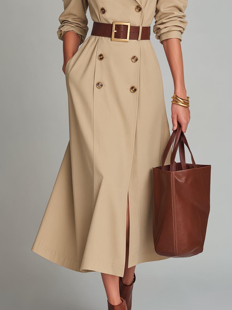 Elegant Beige Off-Shoulder Belted Trench Midi Dress