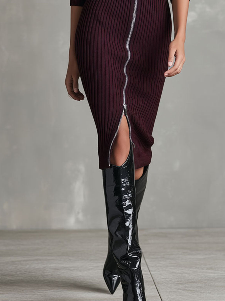 Burgundy Collared Ribbed Knit Zip-Front Bodycon Midi Sweater Dress