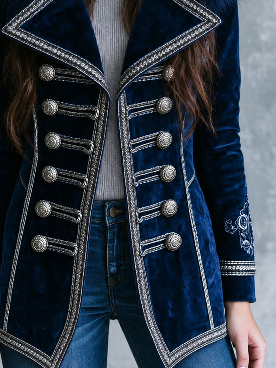 Vintage Faux Fur Collar Navy Velvet Embroidered Cuffs Jacket With Silver Braided Trim