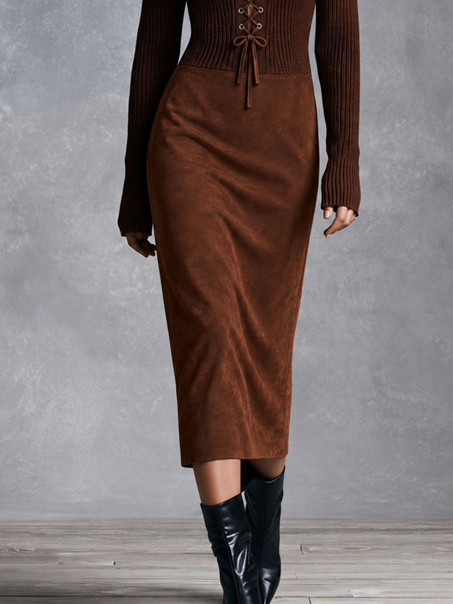 Retro Elegant Brown Ribbed Knit Lace-Up Midi Dress With Microsuede Skirt