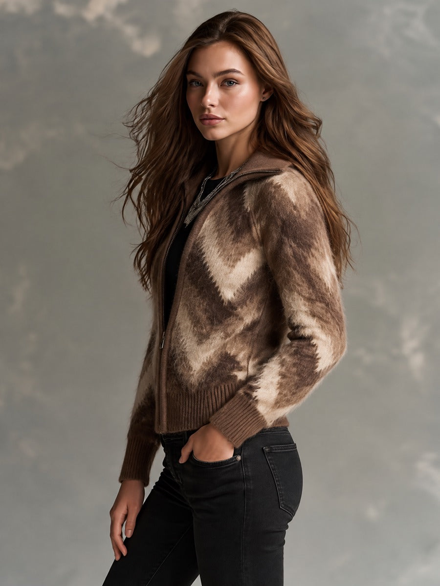 Retro Fuzzy Chevron Knit Zip-Up Cardigan Sweater With Stand Collar