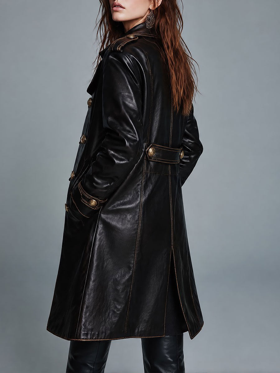 Women's Black Faux Leather Military Midi Coat with Gold Double-Breasted