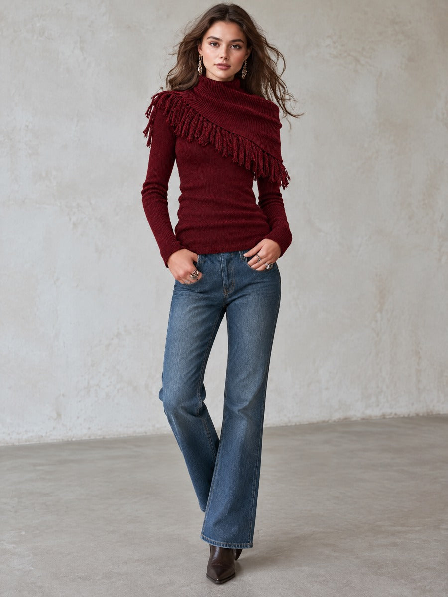 Burgundy High Neck Fringe Shawl Overlay Slim Fit Pullover Sweater