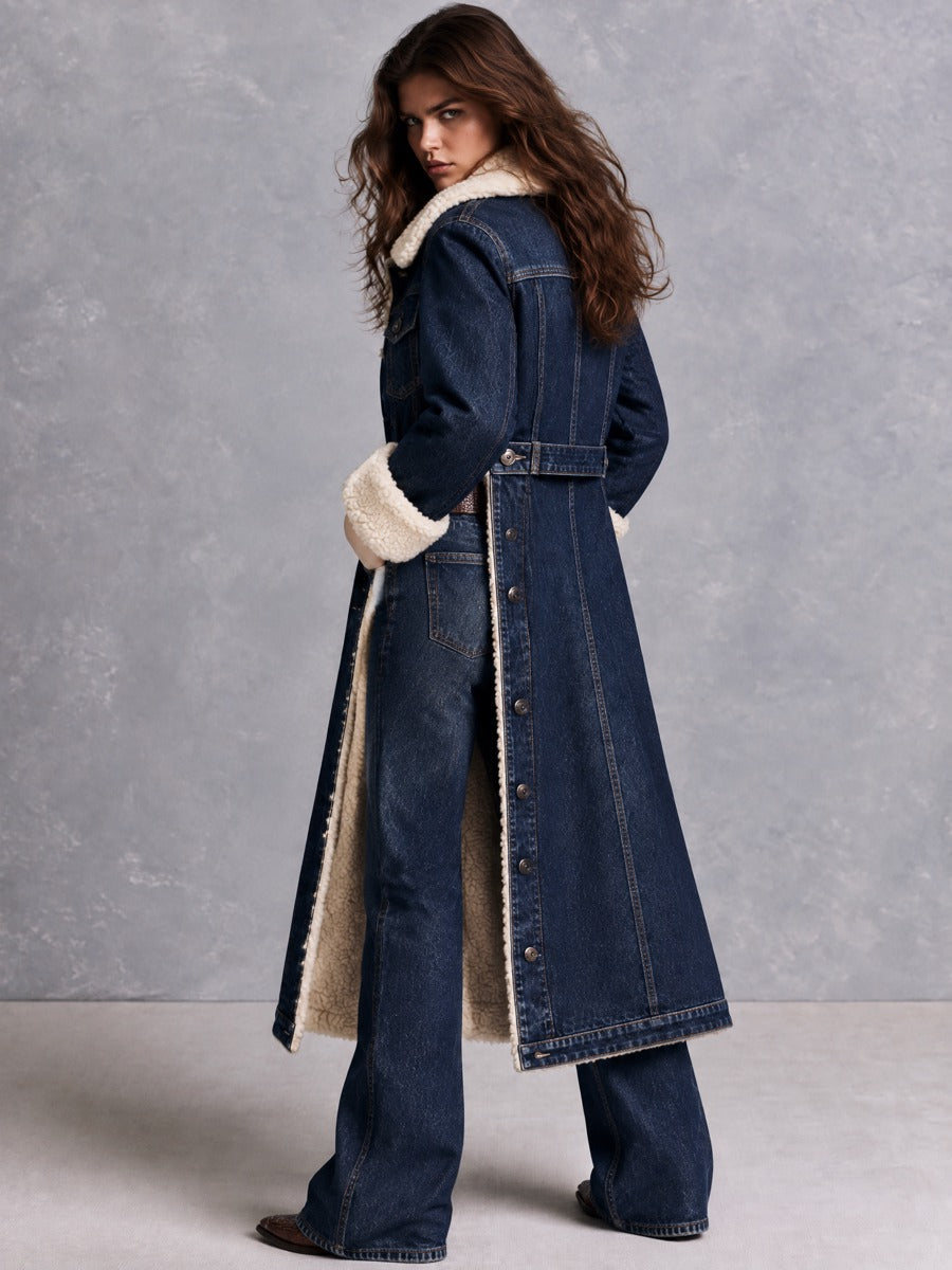 Dark Indigo Wash Longline Denim Coat With Cream Faux Shearling Lining