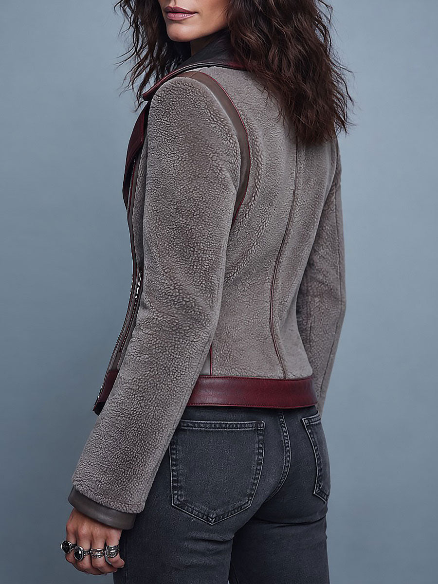 Retro Gray Faux Shearling Moto Jacket with Asymmetric Zip