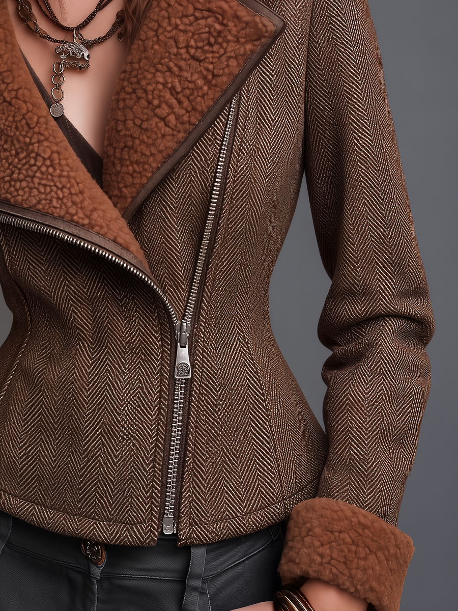 Vintage Cognac Brown Herringbone Faux Shearling Collar Jacket