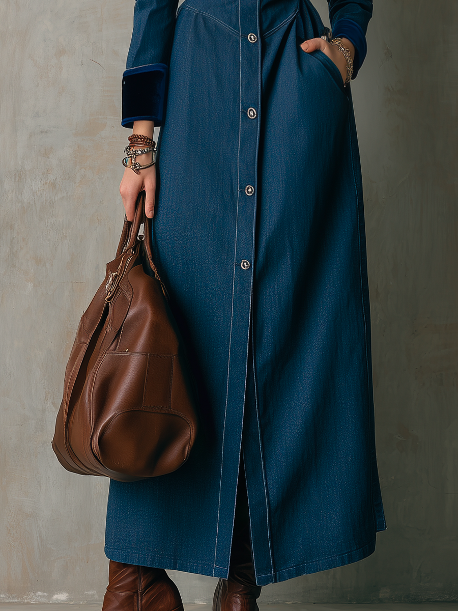 Vintage Dark Blue Puff Sleeve Button Front Denim Maxi Dress