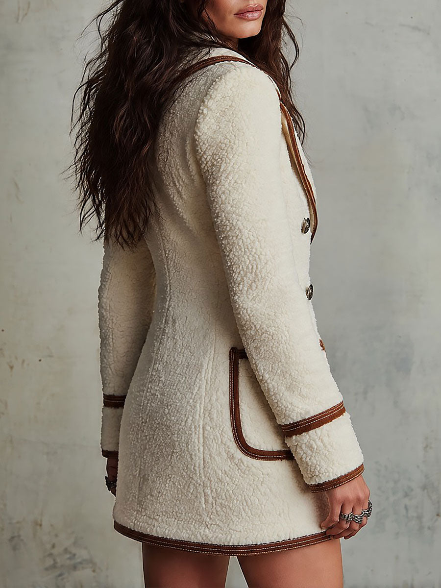 Boho Cream Sherpa Double-Breasted Coat with Brown Contrast Piping
